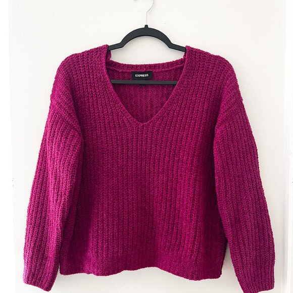 Express Chenille Velvet V-Neck Pullover Sweater – Pink | Size XS - Picture 3 of 13
